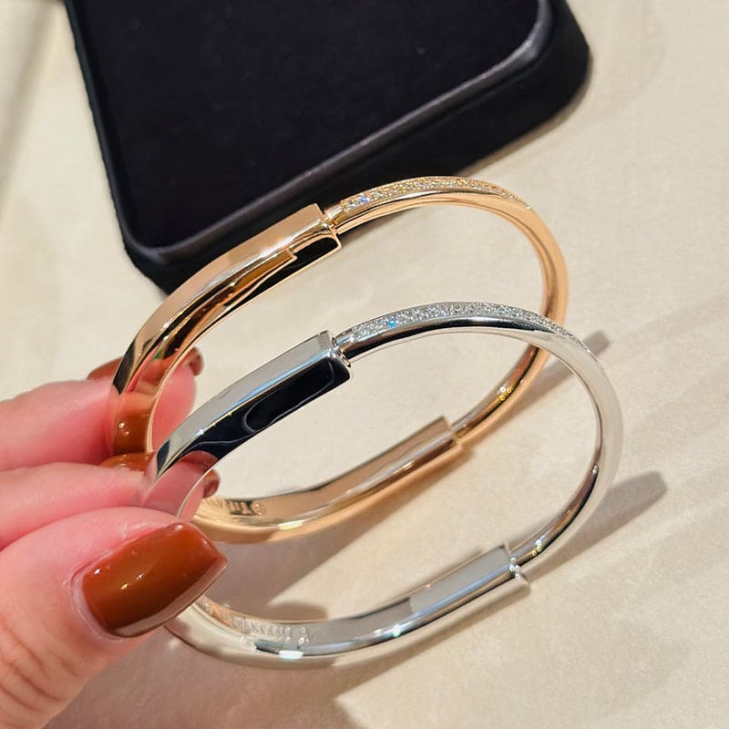 18K Tiffany Lock Bangle Half Pave Diamonds Bracelet
