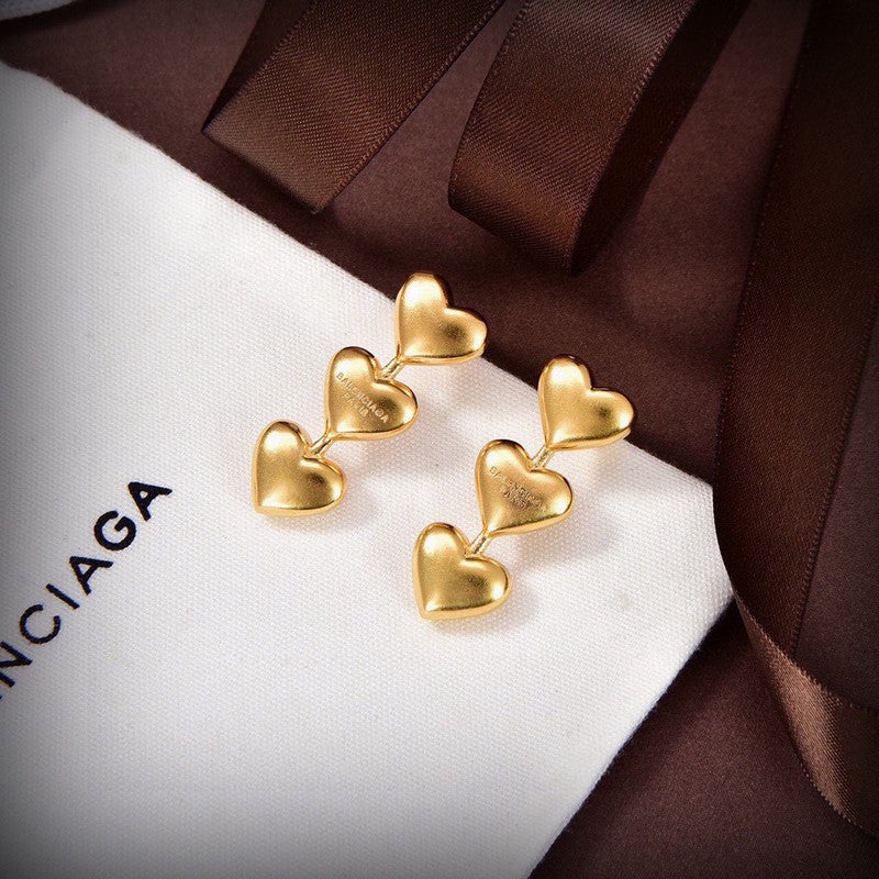 18K Balenciaga Three Heart Gold Earrings