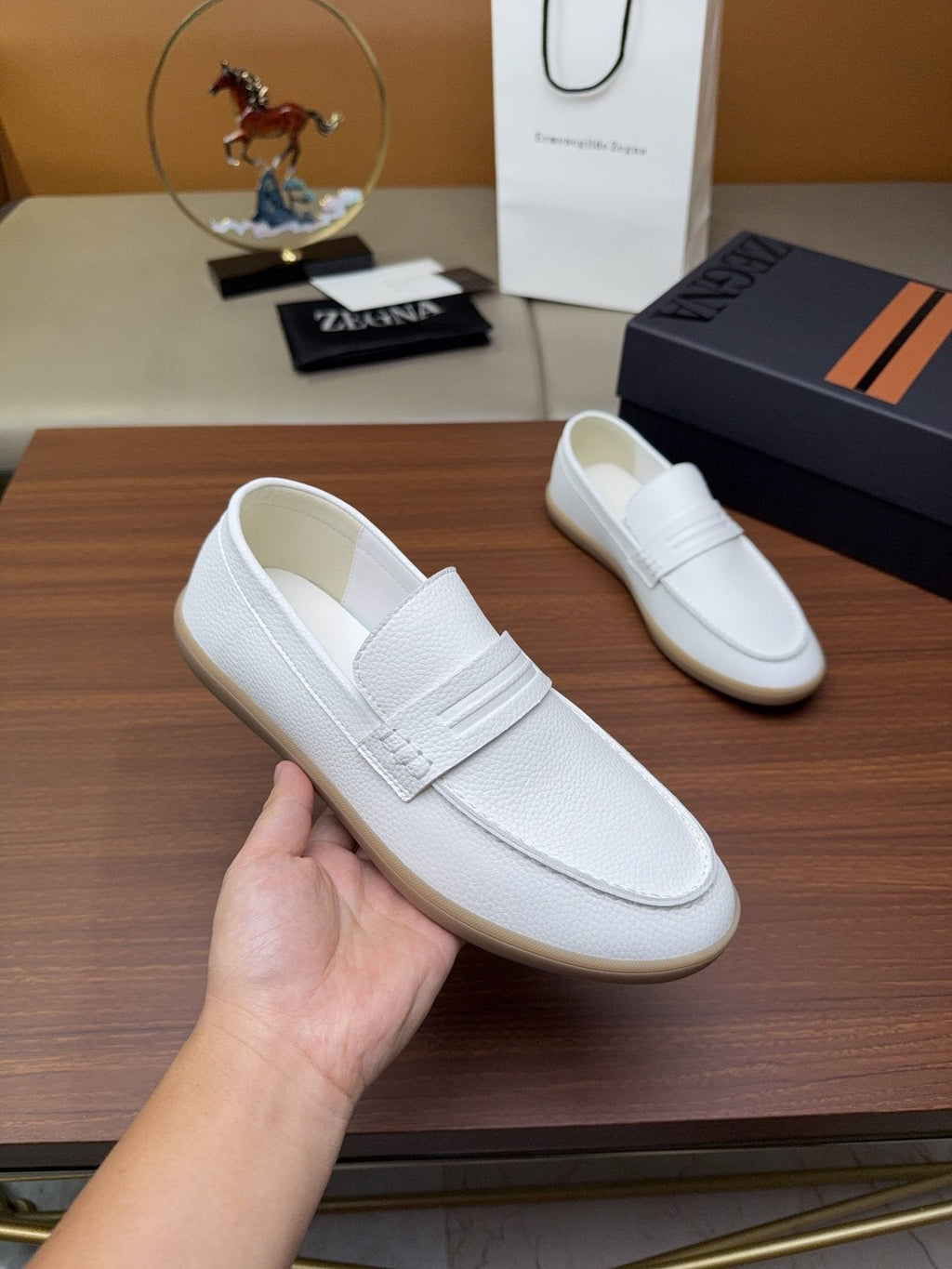 Zegna White Strap Loafers — model