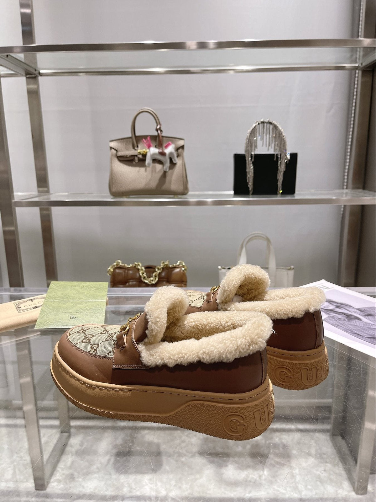 Gucci Patterned Plush-Trim Slip-On Snow Boots — side
