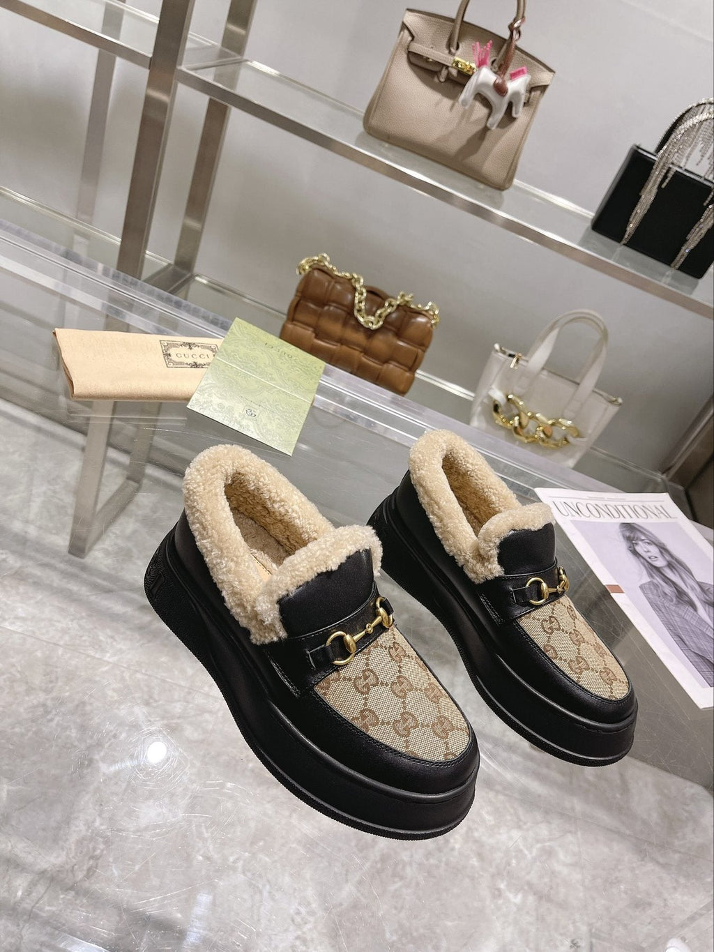 Gucci Patterned Plush-Lined Platform Slip-On Shoes — front